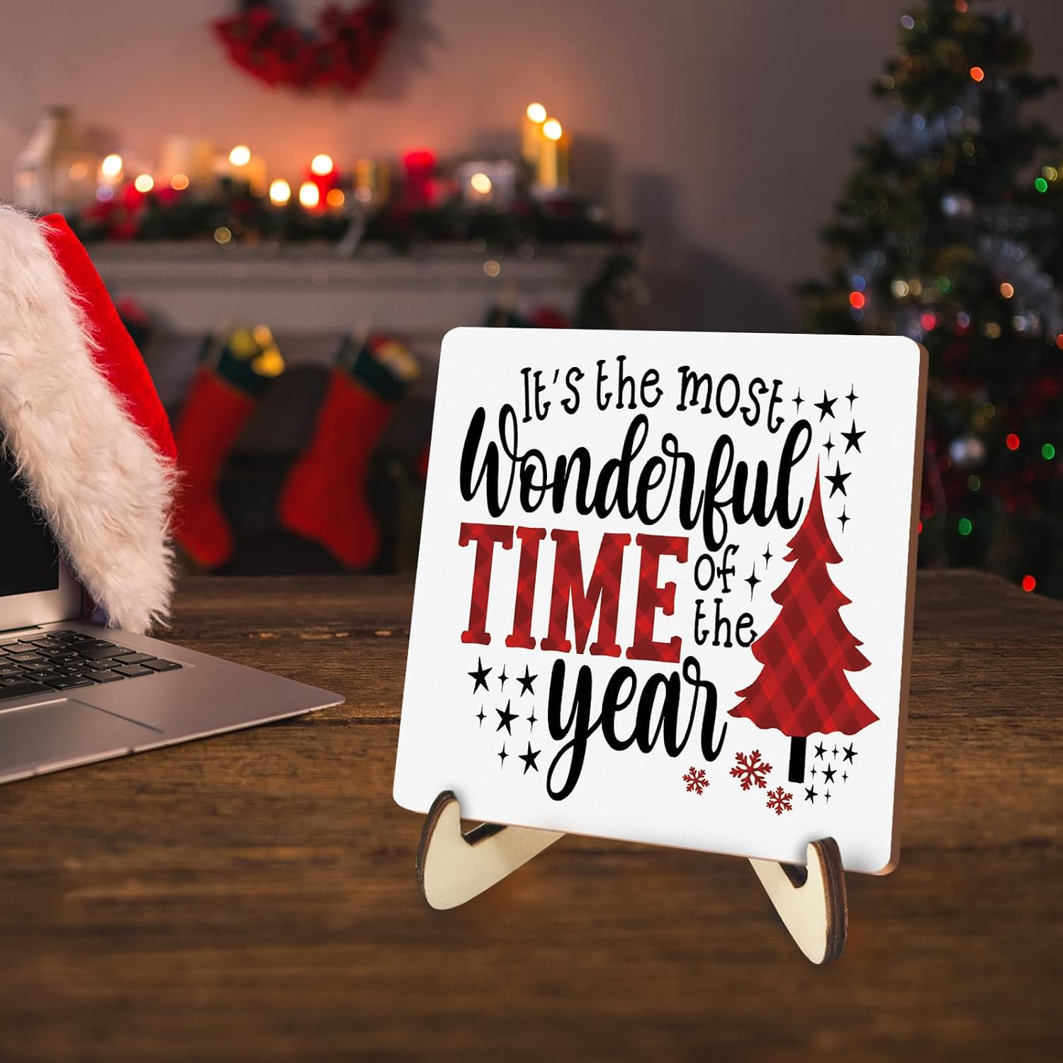Rustic Xmas Wooden Desk Decor Funny Seasonal Winter Holiday Decorations for Home Farmhouse Office Bathroom Shelf Table Tiered Tray Merry Christmas Plaque with Wood Stand